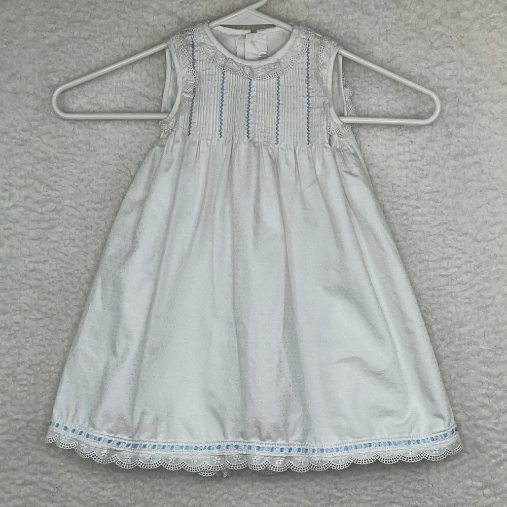 Baby 9 12M White Swiss Dot Smocked Dress Lace Sleeveless Heirloom Occasion